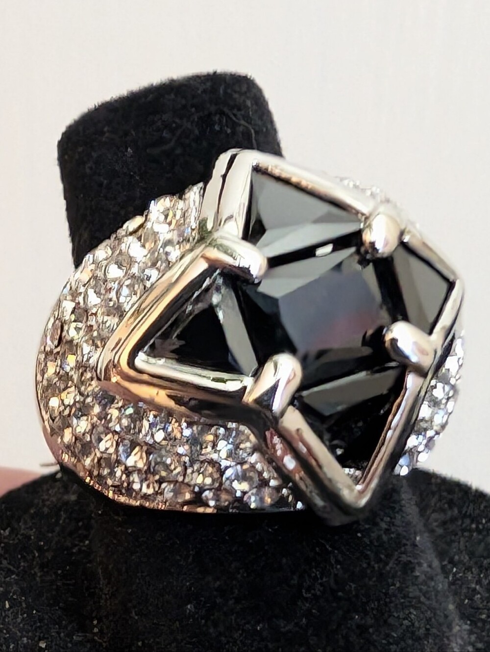#94. Silver-Tone Black Crystal Statement Ring
